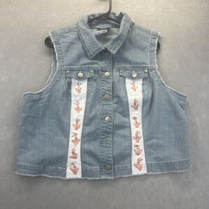 Womens 1X Denim Light Wash Jean Vest Hand painted Koi Fish OSO Casuals